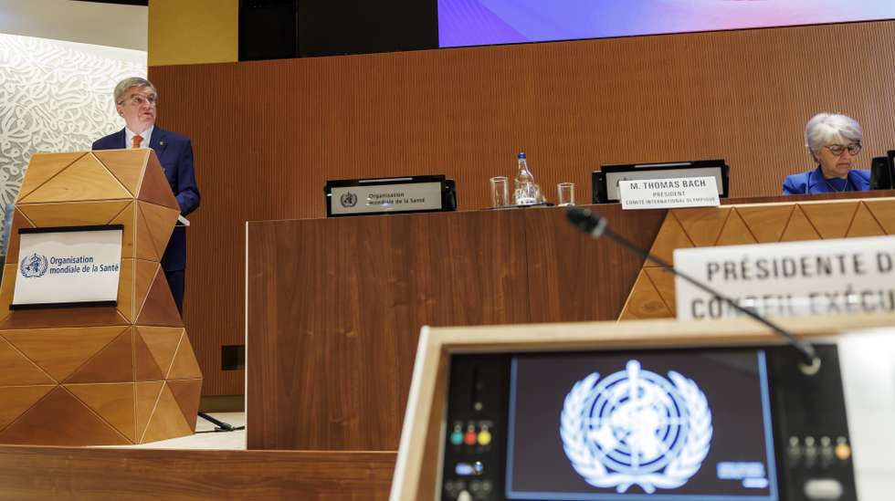 epa11373068 International Olympic Committee (IOC) President Thomas Bach delivers his statement during the opening of the 77th World Health Assembly (WHA77) at the European headquarters of the United Nations in Geneva, Switzerland, 27 May 2024. This year's World Health Assembly is taking place from 27 May through 01 June 2024 and is 'focusing on the resolution on Social participation for universal health coverage, health and well-being and election advocacy', the organization announces on their website.  EPA/SALVATORE DI NOLFI