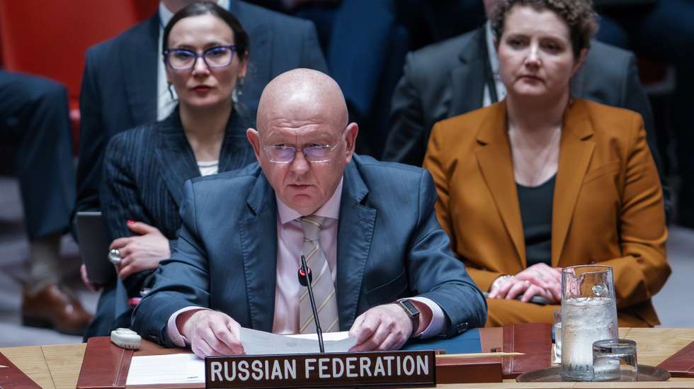 epa12812983 Representative of Russia to the United Nations Vasily Nebenzya (C) speaks at the United Nations Security Council (UNSC) ahead of votes on two draft resolutions regarding the current crisis in the Middle East, at the UN headquarters in New York, New York, USA, 11 March 2026.  EPA/OLGA FEDOROVA