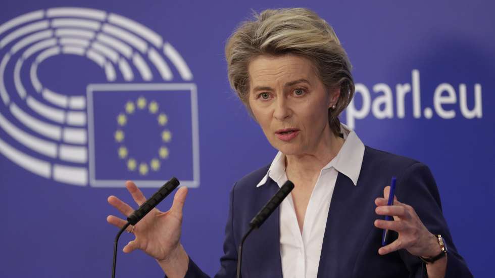 epa08951482 European Commission President Ursula von der Leyen during a press conference following a debate to present the programme of activities of the Portuguese presidency of the EU at plenary session of the European Parliament, in Brussels, Belgium, 20 January 2021.  EPA/OLIVIER HOSLET