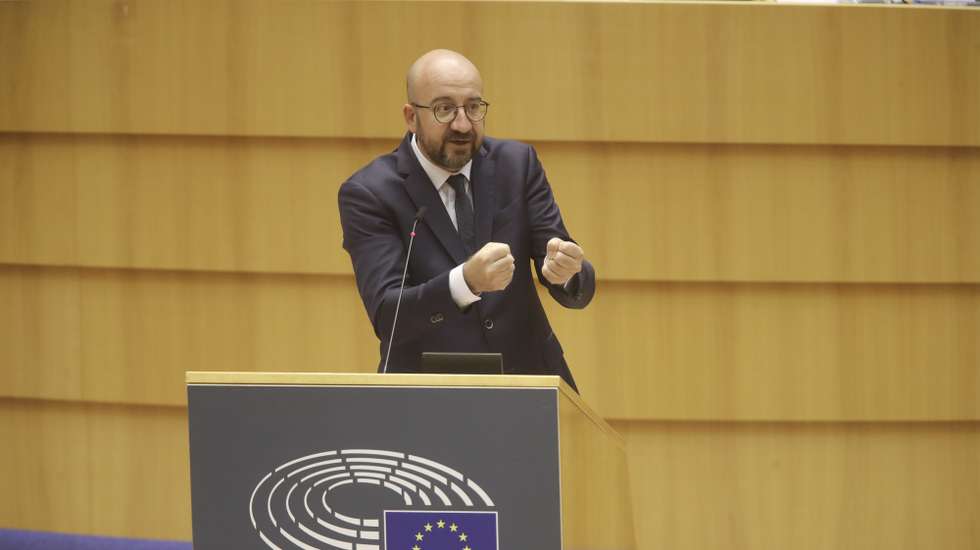 epa09162272 European Council President Charles Michel speaks during the first day of a plenary session of the European Parliament in Brussels, Belgium, 26 April 2021. Conclusions of the European Council and outcome of EU and Turkey meeting is the main debate.  EPA/OLIVIER HOSLET