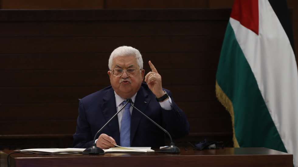 epa09163470 (FILE) - Palestinian President Mahmoud Abbas chairs a meeting with representatives of Palestinian factions at his headquarters, in the West Bank city of Ramallah, 03 September 2020 (reissued 27 April 2021). The Palestinian leadership is to to hold meetings about the general elections which are scheduled to be held on 22 May 2021 and would be the first in 15 years, the Palestinian Prime Minister confirmed on 26 April 2021. President Abbas earlier had said no general elections would be held without East Jerusalem residents.  EPA/ALAA BADARNEH / POOL *** Local Caption *** 56316963
