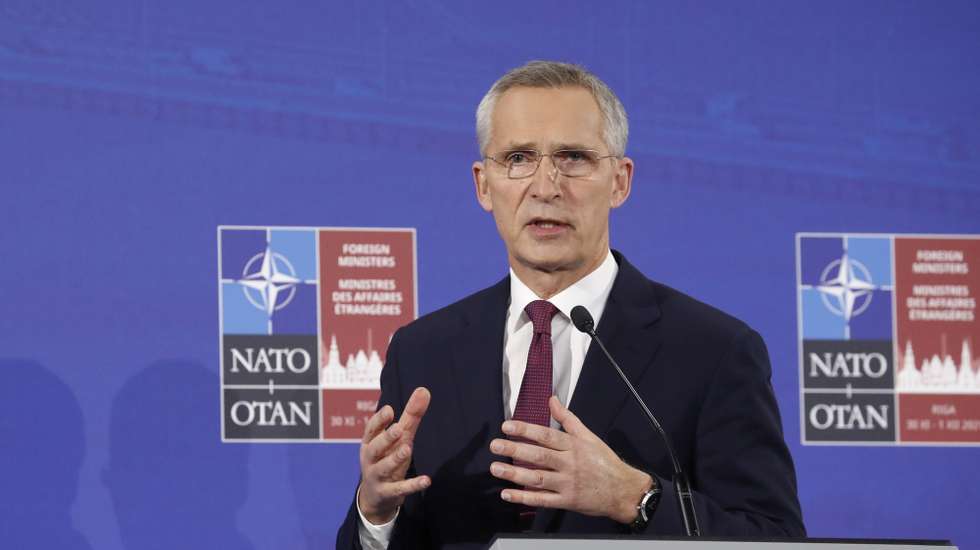 epa09614631 NATO Secretary General Jens Stoltenberg speaks during a press conference after a meeting of the North Atlantic Council (NAC) at the level of Foreign Affairs Ministers in Riga, Latvia, 01 December 2021. Latvia is hosting on 30 November and 01 December a NATO Foreign Ministers meeting for the first time. To address current security challenges, NATO Allies are exchanging views on cooperation with partner countries and the European Union, and also begin their discussions on a new strategic concept for the Alliance.  EPA/TOMS KALNINS