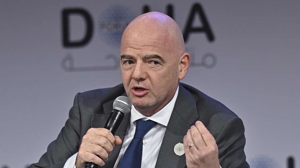 epa09852955 President of FIFA, Gianni Infantino, speaks during the closing Session of the final day of Doha Forum at Sheraton Grand Doha Resort &amp; Convention Hotel in Doha, Qatar, 27 March 2022.  EPA/NOUSHAD THEKKAYIL