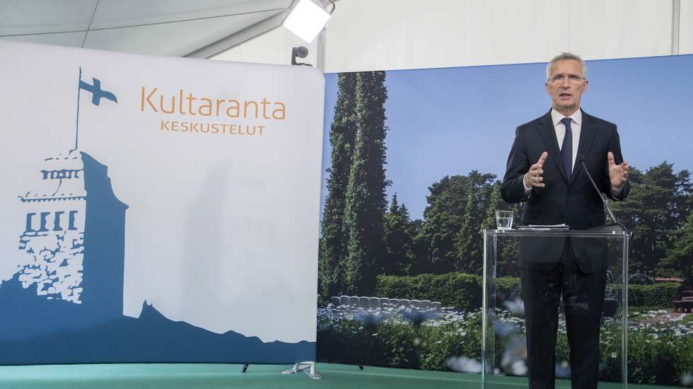 epa10009614 Nato Secretary General Jens Stoltenberg during a press conference at The Kultaranta Talks in Naantali Finland, Finland, 12 June 2022. The Kultaranta Talks is being hosted by President Sauli Niinisto on 12-13 June 2022. This year, the title of this foreing and security policy discussion event is 'Responsible, strong and stable Nordic region'. The main guests are NATO Secretary General Jens Stoltenberg and Prime Minister of Norway Jonas Gahr Store at the Presidential summer residence Kultaranta, located on the island of Luonnonmaa.  EPA/MAURI RATILAINEN
