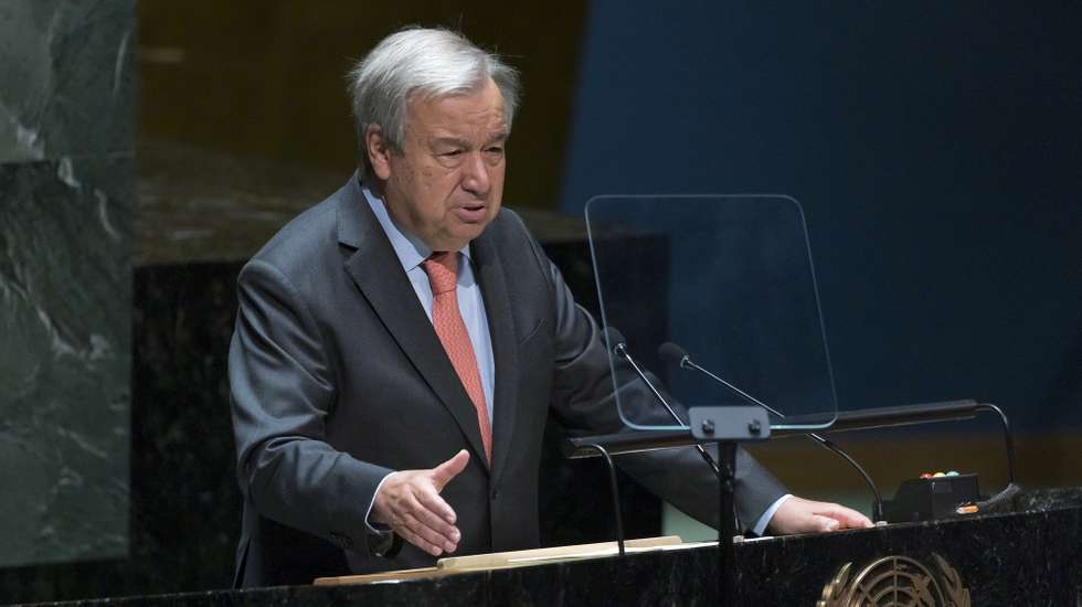 epa10101611 United Nations Secretary-General Antonio Guterres addresses the Tenth Review Conference of the Parties to the Treaty on the Non-Proliferation of Nuclear Weapons (NPT) at United Nations headquarters in New York, New York, USA, 01 August 2022. The NPT is an international treaty intended to prevent the spread of nuclear weapons and promote the safety of nuclear energy, with the long term objective of achieving complete disarmament.  EPA/JUSTIN LANE