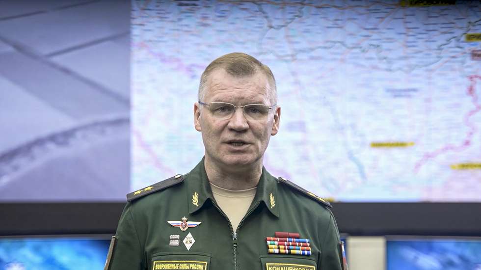 epa10403009 A still image taken from a handout video made available by the Russian Defence Ministry on 13 January 2023 shows Russian Defense Ministry spokesman Igor Konashenkov delivering the daily report on the progress of the so-called 'special military operation on Ukraine', in Moscow, Russia. The Russian Defence Ministry said that "in evening of 12 January, the city of Soledar, that is of great importance for continuing successful offensive operations in Donetsk direction, was liberated" as what Moscow calls a 'special military operation' continues in Ukraine. Russian troops entered Ukrainian territory on 24 February 2022, starting a conflict that has provoked destruction and a humanitarian crisis.  EPA/RUSSIAN DEFENCE MINISTRY PRESS SERVICE / HANDOUT  HANDOUT EDITORIAL USE ONLY/NO SALES