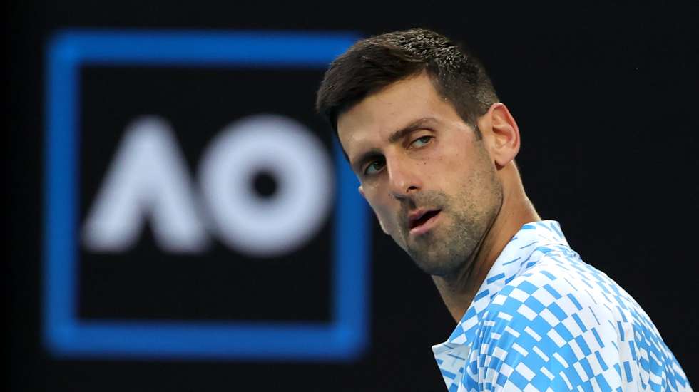 epa10424462 Novak Djokovic of Serbia looks on during his 4th round match against Alex de Minaur of Australia at the 2023 Australian Open tennis tournament at Melbourne Park in Melbourne, Australia, 23 January 2023.  EPA/FAZRY ISMAIL