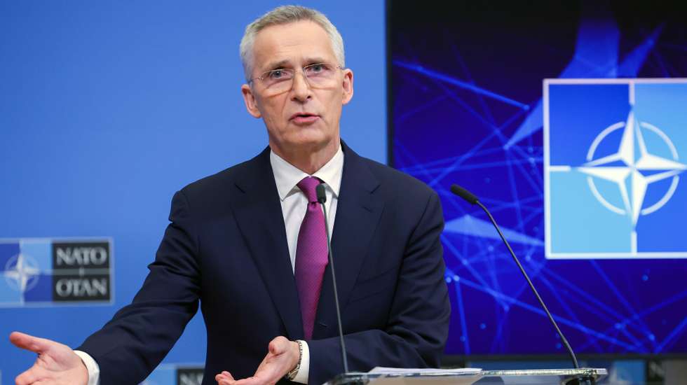 epa10559739 NATO Secretary-General Jens Stoltenberg holds a press conference after a Foreign Ministers meeting at the North Atlantic Treaty Organisation headquarters in Brussels, Belgium, 05 April 2023.  EPA/OLIVIER MATTHYS / POOL