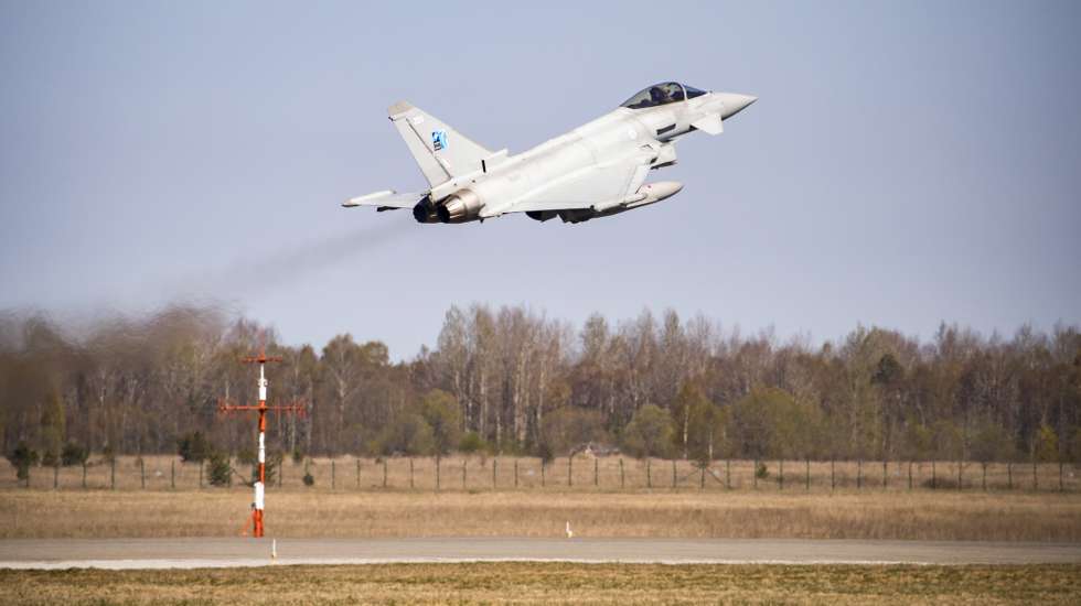 epa07544419 A handout picture provided by the the British Ministry of Defence showing A Royal Air Force XI(F) Squadron Eurofighter Typhoon takes off from Amari Air Force Base in Estonia 29 April 2019, issued 03 May 2019. The MOD announced 03 May 2019 that the RAF fighter aircraft have begun a four-month NATO mission patrolling the skies over the Baltic region after replacing their German colleagues. Typhoons from XI(F) Squadron normally based at RAF Coningsby in Lincolnshire began their NATO Baltic Air Policing mission from Ã„mari Airbase in Estonia on 03 May after replacing the German Eurofighters flown by the Tactical Fighter Wing 71 'Richthofen' (Taktisches Luftwaffengeschwader 71 â€œRichthofenâ€) of the Luftwaffe.  EPA/CPL ROB BOURNE RAF/BRITISH MINISTRY OF DEFENCE/HANDOUT MANDATORY CREDIT: CPL ROB BOURNE RAF: MOD/CROWN COPYRIGHT HANDOUT EDITORIAL USE ONLY/NO SALES