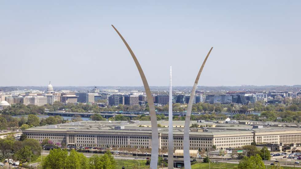 epa10567791 The Pentagon behind the United States Air Force Memorial in Arlington, Virginia, USA, 10 April 2023. Classified military documents that were leaked online ‘pose a very serious risk to national security’ according to Pentagon officials. They include documents detailing the US assessment of the war in Ukraine.  EPA/JIM LO SCALZO