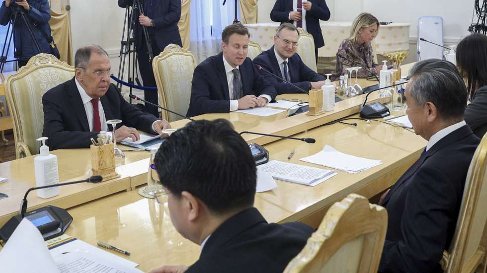 epa10868170 A handout photo made available by the Russian Foreign Ministryâ€™s press service shows Russian Foreign Minister Sergei Lavrov (L) speaking with Chinese Foreign Minister Wang Yi (R) during their meeting in Moscow, Russia, 18 September 2023.  EPA/RUSSIAN FOREIGN MINISTRY PRESS SERVICE HANDOUT HANDOUT EDITORIAL USE ONLY/NO SALES HANDOUT EDITORIAL USE ONLY/NO SALES