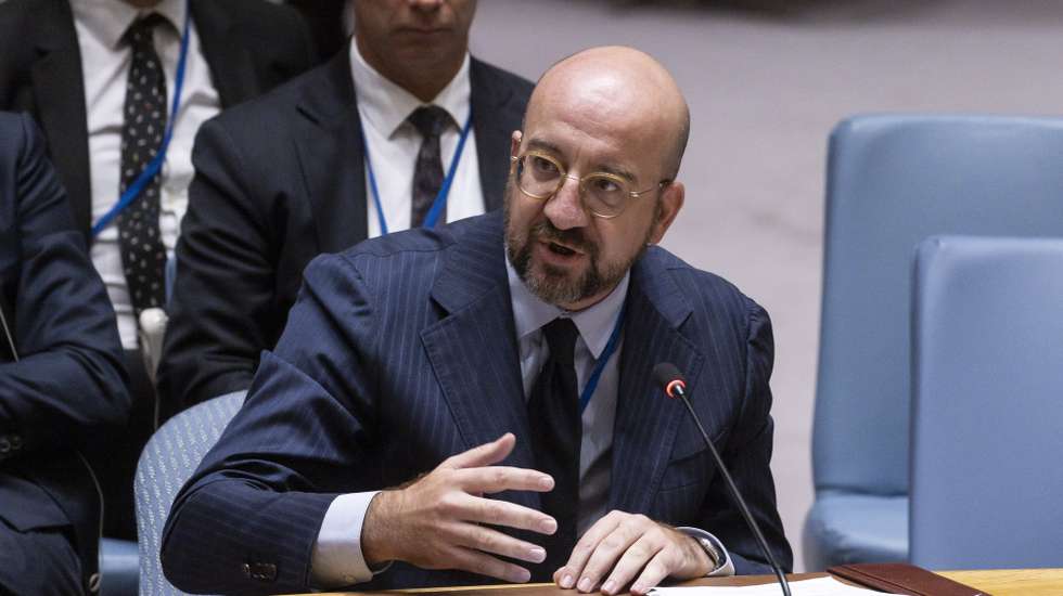 epa10873179 President of the European Council Charles Michel speaks during an United Nations Security Council meeting about the war between Ukraine and Russia on the sidelines of the 78th session of the United Nations General Assembly at United Nations Headquarters in New York, New York, USA, 20 September 2023.  EPA/JUSTIN LANE