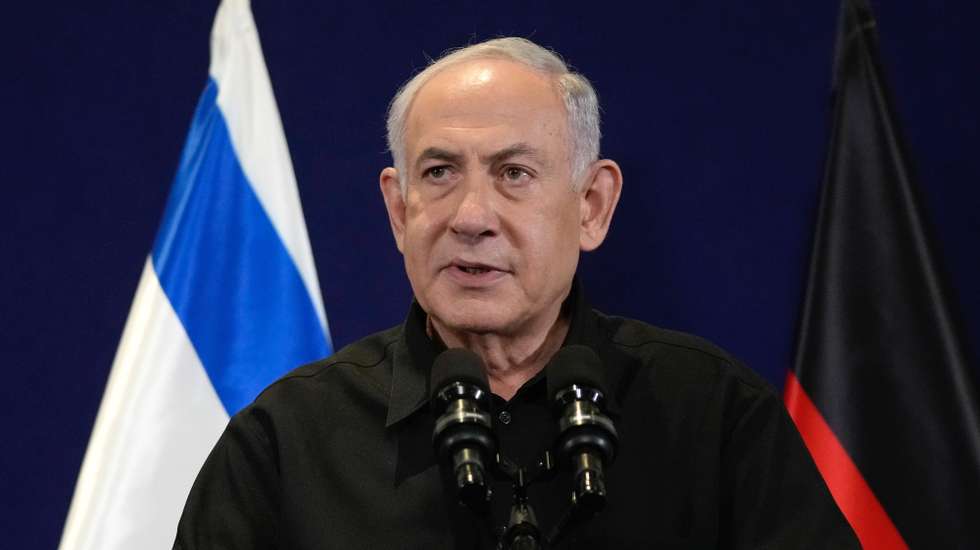 epa10923830 Israeli Prime Minister Benjamin Netanyahu speaks to the media during a joint press conference with German Chancellor Olaf Scholz in Tel Aviv, Israel, 17 October 2023. Thousands of Israelis and Palestinians have died since the militant group Hamas launched an unprecedented attack on Israel from the Gaza Strip on 07 October 2023, leading to Israeli retaliation strikes on the Palestinian enclave.  EPA/Maya Alleruzzo / POOL