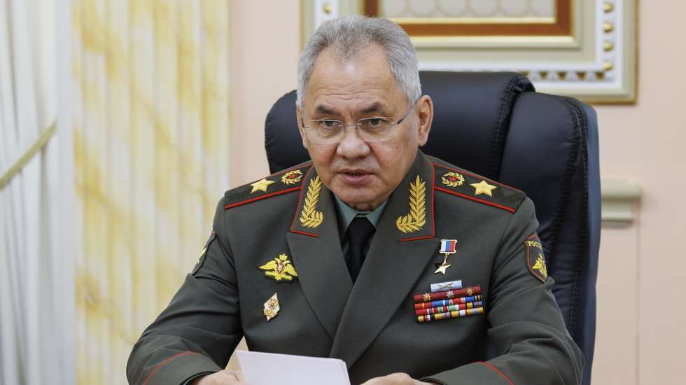 epa11303131 A handout photo made available by the Russian Defence Ministry Press-Service shows Russian Defense Minister Sergei Shoigu during a meeting with Minister of National Defense of the People's Republic of China Dong Jun on the sidelines of the Shanghai Cooperation Organisation (SCO) Defense Ministers' Meeting in Astana, Kazakhstan, 26 April 2024.  EPA/RUSSIAN DEFENCE MINISTRY PRESS SERVICE HANDOUT -- MANDATORY CREDIT -- HANDOUT EDITORIAL USE ONLY/NO SALES HANDOUT EDITORIAL USE ONLY/NO SALES
