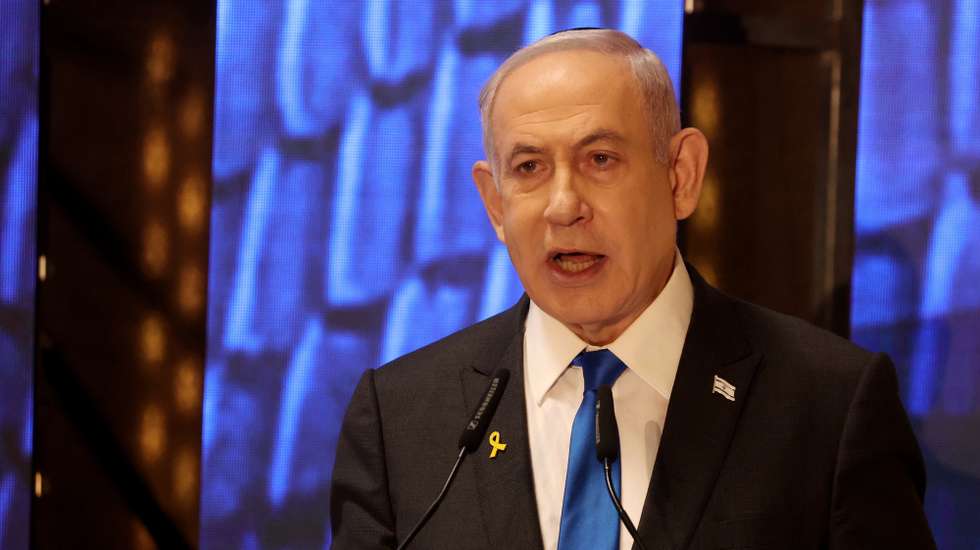 epa11336583 Israeli Prime Minister Benjamin Netanyahu addresses a ceremony marking Memorial Day for fallen soldiers of Israelâ€™s wars and victims of attacks at Israel's Mount Herzl national military cemetery in Jerusalem, 13 May 2024. Israel marks Memorial Day (Yom HaZikaron) to commemorate fallen soldiers and victims of attacks recorded since 1860 by the defence ministry.  EPA/GIL COHEN-MAGEN / POOL