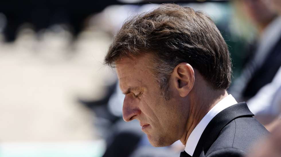 epa11402298 French President Emmanuel Macron attends a ceremony marking the 80th anniversary of the massacre of 643 persons by Nazi German forces, in Oradour-sur-Glane, southwestern France, 10 June 2024. On 10 June 1944, just four days after the Allied forces landed on the Normandy coast on D-Day, 643 inhabitants, including 247 children, were massacred in the village of Oradour-sur-Glane in southwestern France, by German Waffen-SS soldiers belonging to the 2nd SS Panzer Division 'Das Reich'.  EPA/LUDOVIC MARIN / POOL  MAXPPP OUT