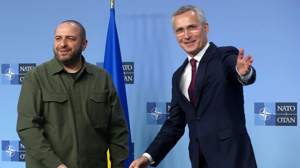 epa11407673 NATO Secretary General Jens Stoltenberg (R) welcomes Ukraine's Defense Minister, Rustem Umerov, during a NATO defense ministers meeting at the alliance's headquarters in Brussels, Belgium, 13 June 2024. NATO Defence Ministers gather in Brussels on 13 and 14 June 2024, hoping to agree on a new plan to provide long-term security assistance and military training to Ukraine, after Hungary promised not to veto the scheme as long as it's not forced to take part.  EPA/OLIVIER HOSLET