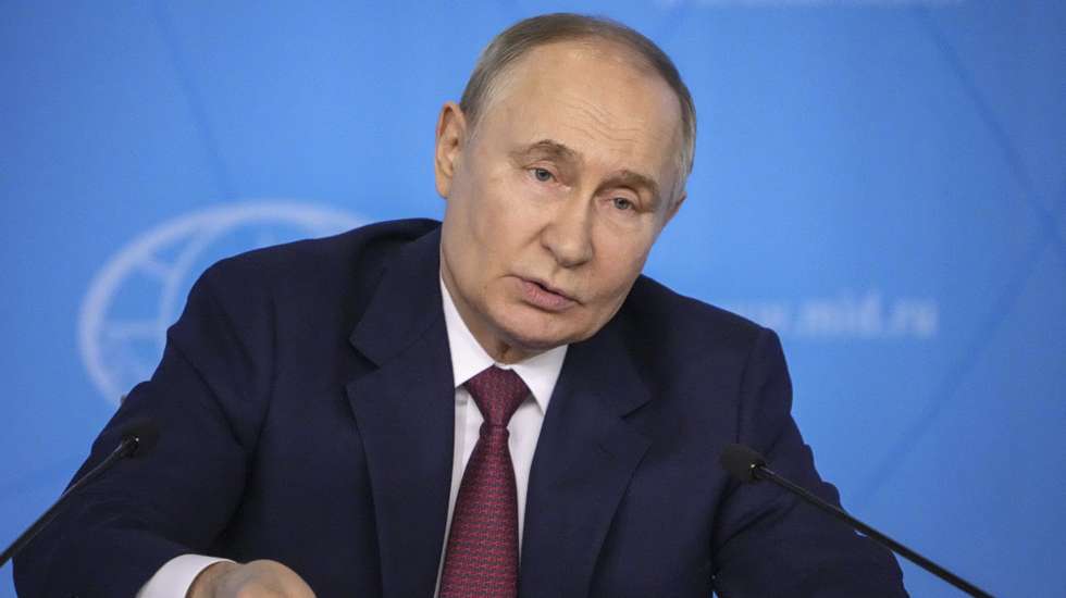 epa11409242 Russian President Vladimir Putin holds a meeting with the leadership of the Russian Foreign Ministry in Moscow, Russia, 14 June 2024. 'Ukrainian troops must be completely withdrawn from the DPR, LPR, Kherson and Zaporizhia regions. From their entire territory, their administrative borders at the time of their entry into the Russian Federation. As soon as Kiev announces this and gives a promise not to join NATO, we will immediately ensure the safe withdrawal of Ukrainian troops and begin the negotiation process', Putin said at the meeting.  EPA/STRINGER