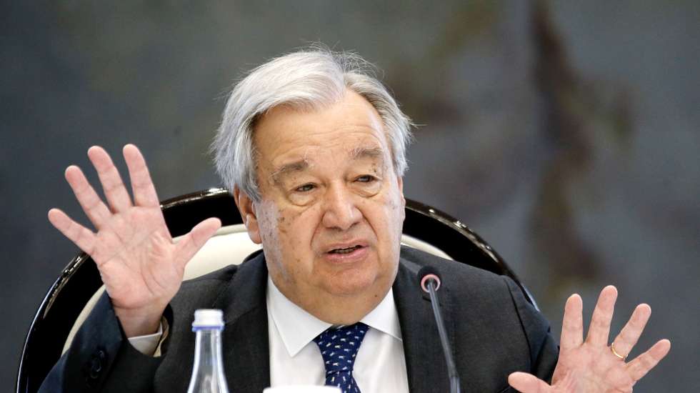 epa11451703 United Nations Secretary-General Antonio Guterres gestures as he speaks during a meeting with Kyrgyz President Sadyr Japarov (not pictured) in Bishkek, Kyrgyzstan, 02 July 2024. The UN Secretary General is on an official visit to Kyrgyzstan.  EPA/IGOR KOVALENKO