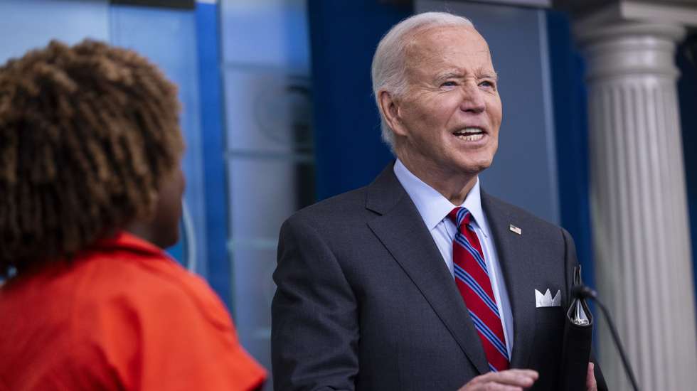 epa11642482 US President Joe Biden, with White House Press Secretary Karine Jean-Pierre, responds to a question from the news media during the daily briefing in the White House press briefing room at the White House in Washington, DC, USA, 04 October 2024. President Biden responded to questions on the economy, the election and support for Israel.  EPA/SHAWN THEW / POOL