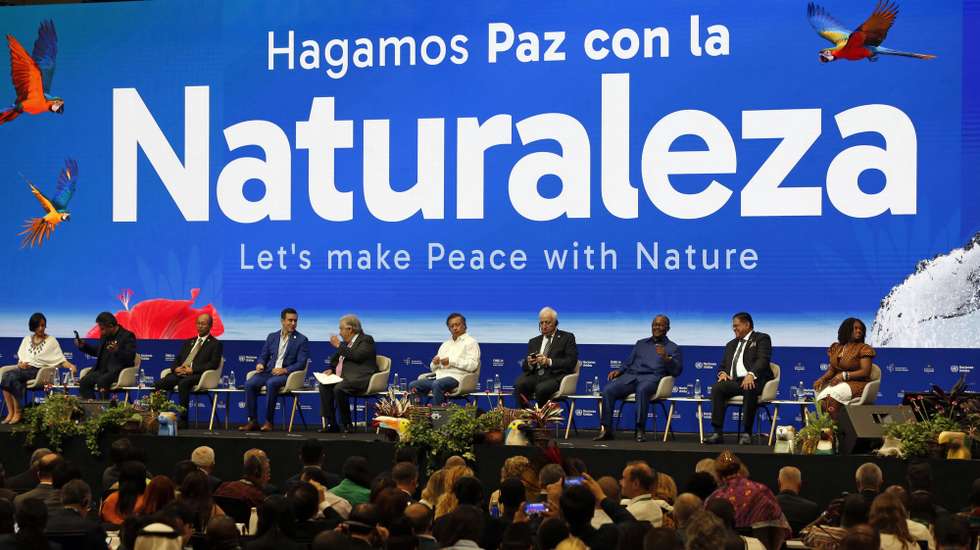 epa11690635 Colombian President Gustavo Petro (C), accompanied by UN Secretary General Antonio Guterres (5-L) and Ecuadorian President Daniel Noboa (4-L), among others, participate in the high-level segment of the 2024 United Nations Biodiversity Conference (COP16), in Cali, Colombia, 29 October 2024. The 16th meeting of the Conference of the Parties to the Convention on Biological Diversity (COP 16) takes place in Cali, Colombia, from 21 October to 01 November 2024.  EPA/ERNESTO GUZMAN JR.