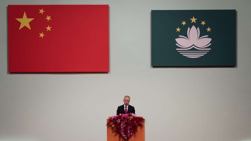 New Chief Executive of the Macao Special Administrative Region (MSAR) Sam Hou Fai speaks after taking the oath of office at the swearing-in ceremony at the Dome in Cotai, Macao, China, 20 December 2024. Sam Hou Fai, who was formerly president of Macau's Court of Final Appeal, will be the first Portuguese-speaking leader of Macau's government. He was chosen on October 13 by an electoral college of 400 members, selected by more than 6,200 representatives of local associations and organisations. GONCALO LOBO PINHEIRO/LUSA