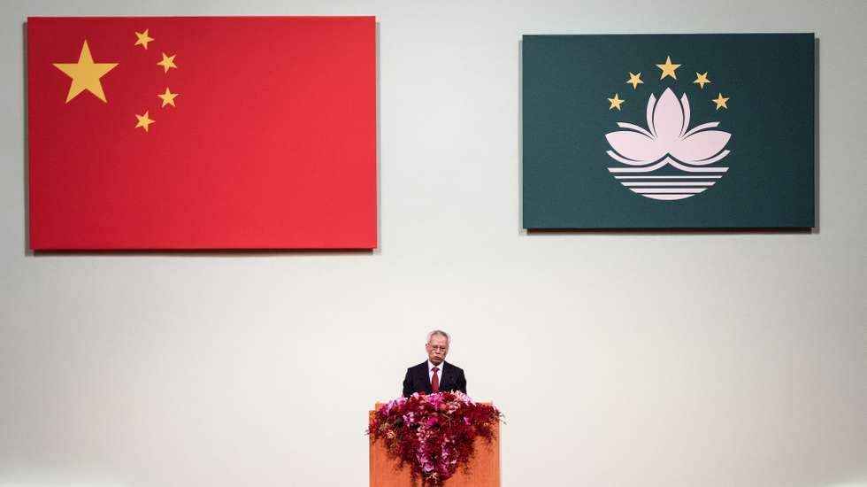 epa11786692 New Chief Executive of the Macao Special Administrative Region (MSAR) Sam Hou Fai speaks after taking the oath of office during his swearing-in ceremony at the Dome in Cotai, Macau, China, 20 December 2024. Xi Jinping visited the city to mark the 25th anniversary of the establishment of the Macao Special Administrative Region (MSAR) and its handover to China on 20 December 1999.  EPA/GONCALO LOBO PINHEIRO