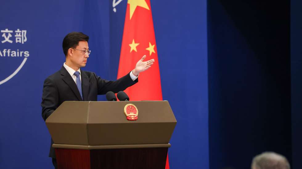 epa12002481 Chinese Ministry of Foreign Affairs spokesperson Guo Jiakun gestures during a press conference in Beijing, China, 01 April 2025. Jiakun commented on the drill carried out in the Taiwan strait on 01 April.  EPA/WU HAO