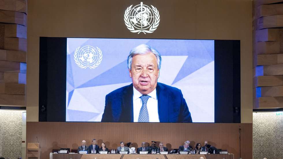 epa12119052 United Nations Secretary-General Antonio Guterres delivers a statement via a video call about the adoption of the WHO Pandemic Agreement, aimed at avoiding a repeat of the mistakes made during the COVID-19 crisis, during the 78th World Health Assembly (WHA78) at the European headquarters of the United Nations in Geneva, Switzerland, 20 May 2025. The Assembly is being held from 19 to 27 May, with this year's theme being 'One World for Health.'  EPA/MAGALI GIRARDIN