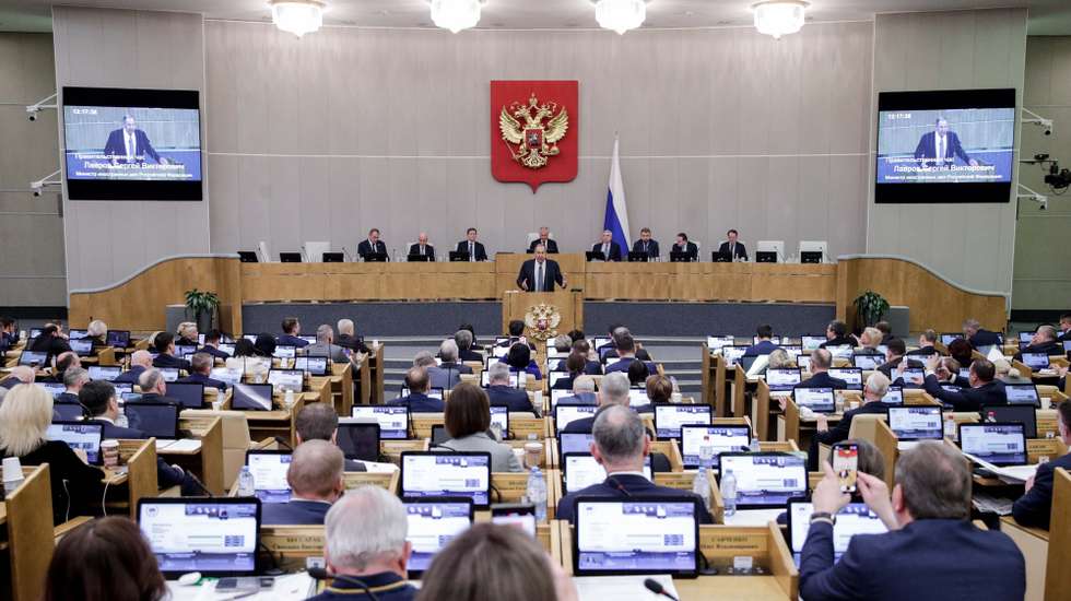 epa11907129 A handout photo made available by the Russian State Duma Press Service shows Russian Foreign Minister Sergey Lavrov delivering his report 'On the priorities of the foreign policy of the Russian Federation' during a plenary session of the State Duma, the Lower House of the Russian Parliament, in Moscow, Russia, 19 February 2025. Lavrov attended a State Duma session after returning from Saudi Arabia where he held negotiations with the US. "Russia and the United States have begun to retreat from the brink of the abyss in bilateral relations, but these are only the first steps", said Lavrov.  EPA/RUSSIAN STATE DUMA PRESS SERVICE  HANDOUT EDITORIAL USE ONLY/NO SALES