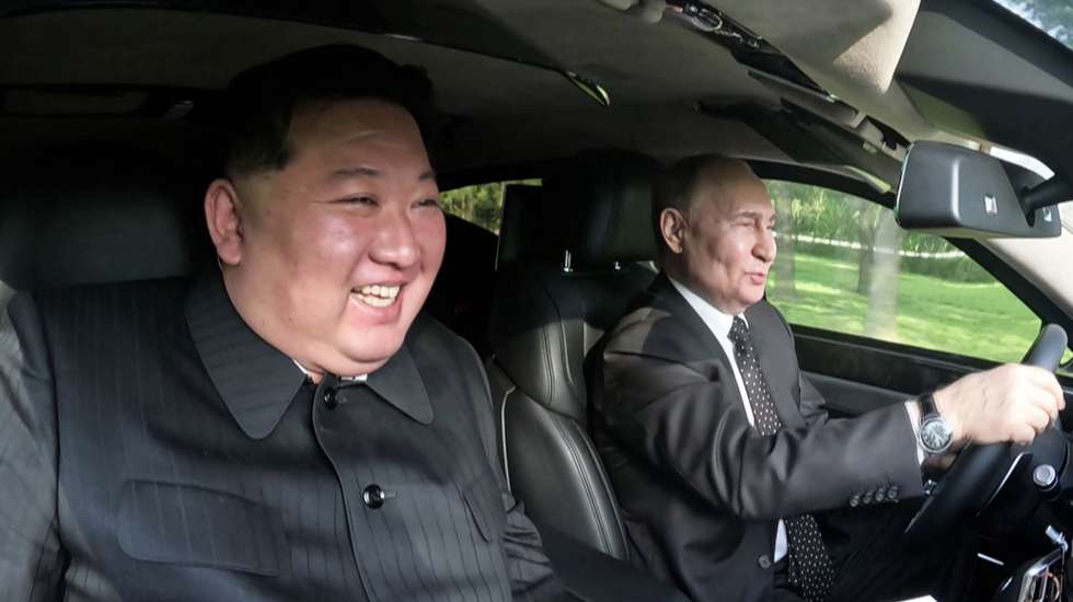 epa11424309 A photo released by the official North Korean Central News Agency (KCNA) on 20 June 2024, shows Russian President Vladimir Putin driving North Korean leader Kim Jong Un in an Aurus limousine in Pyongyang, North Korea 19 June 2024. The Russian president made a state visit to North Korea on 18-19 June at the invitation of North Korean leader. He last visited North Korea in 2000, shortly after his first inauguration as president.  EPA/KCNA   EDITORIAL USE ONLY  EDITORIAL USE ONLY