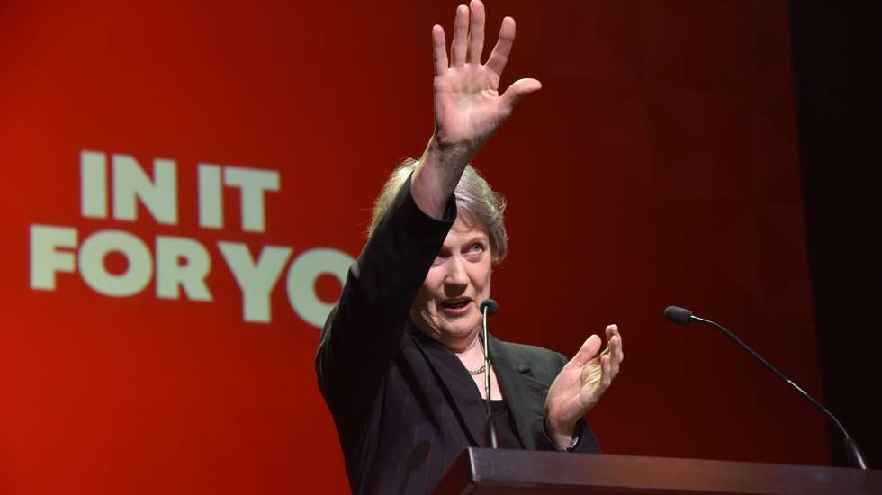 epa10835053 Former New Zealand Prime Minister Helen Clark speaks during the Labour Party's Campaign Launch at the Aotea Centre, in Auckland, New Zealand, 02 September 2023. New Zealand is scheduled to hold general elections on 14 October 2023.  EPA/BEN MCKAY AUSTRALIA AND NEW ZEALAND OUT