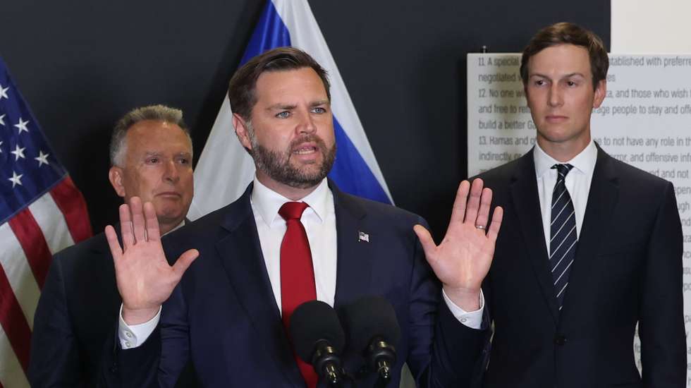 epa12470345 US Vice President JD Vance speaks during a media briefing at the US-led Civil-Military Coordination Center (CMCC) at an undisclosed location in southern Israel, 21 October 2025.  EPA/ABIR SULTAN