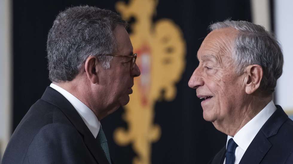 Portugal's outgoing President, Marcelo Rebelo de Sousa (R), and the newly elected president, Antonio Jose Seguro (L), of the Socialist Party (PS), greet each other at the end of a three hour meeting, the day after his victory in the second round of the country's presidential election with 67 percent of the votes, at Belem Palace in Lisbon, Portugal, 09 February 2026. JOSE SENA GOULAO/LUSA