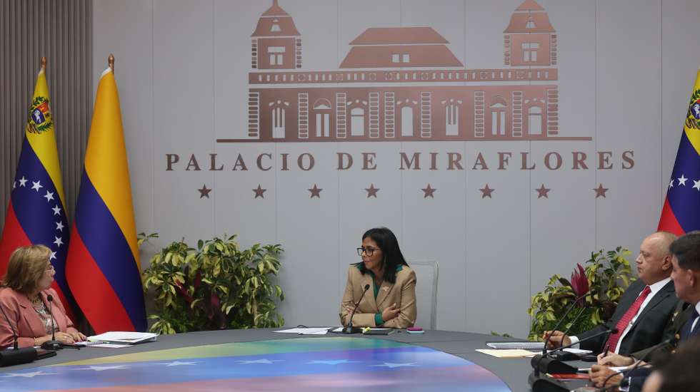 epa12818026 Venezuela's acting president Delcy Rodriguez, Colombia’s Minister of Foreign Affairs Rosa Villavicencio (L) and Venezuela's Minister of the People's Power for Internal Relations, Justice and Peace Diosdado Cabello (R) attend a meeting at the Miraflores Palace in Caracas, Venezuela, 13 March 2026. President Rodriguez received a delegation of Colombian ministers to discuss the bilateral agenda on security, energy, trade and tourism after a planned meeting with Colombian President Gustavo Petro was canceled.  EPA/Miguel Gutiérrez