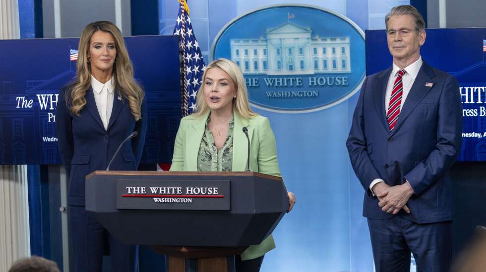 epa12892192 White House Press Secretary Karoline Leavitt (C), with Secretary of US Treasury Scott Bessent (R) and Small Business Administrator Kelly Loeffler (L), responds to a question from the news media during a press briefing at the White House in Washington, DC, USA, 15 April 2026. Loeffler and Bessent delivered remarks on the success of the administration's tax provisions, as 15 April is tax day.  EPA/SHAWN THEW