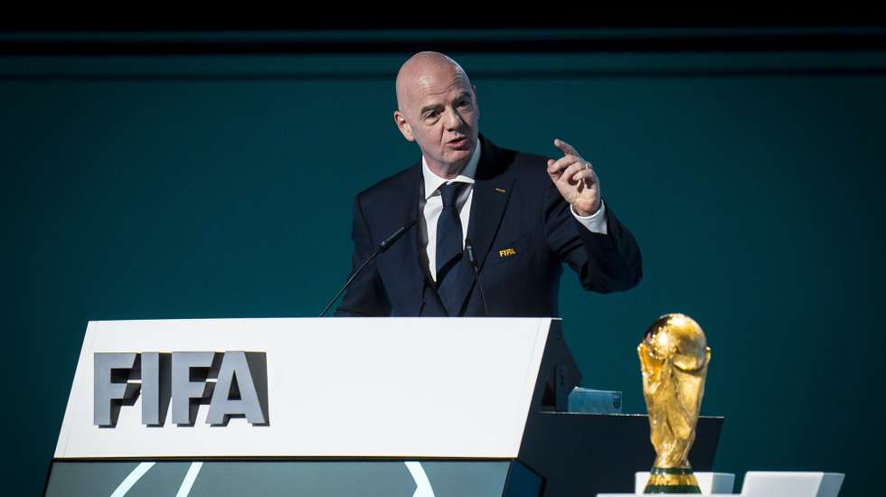 epa12925885 FIFA President Gianni Infantino speaks at the podium during the 76th FIFA Congress 2026 in Vancouver, Canada, 30 April 2026.  EPA/BOB FRID