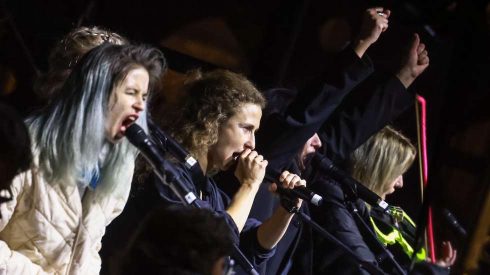 epa11713707 Russian political activists group Pussy Riot performs on stage during the 'Revolution! - and then?' event marking 35 years of the fall of the Berlin Wall at the inner courtyard of the former headquarters of the Ministry for State Security (Stasi), in Berlin, Germany, 10 November 2024. The one-day democracy festival addresses key issues such as the commitment to democracy and human rights, the Peaceful Revolution and the need to acknowledge past injustices in the German Democratic Republic (GDR).  EPA/HANNIBAL HANSCHKE