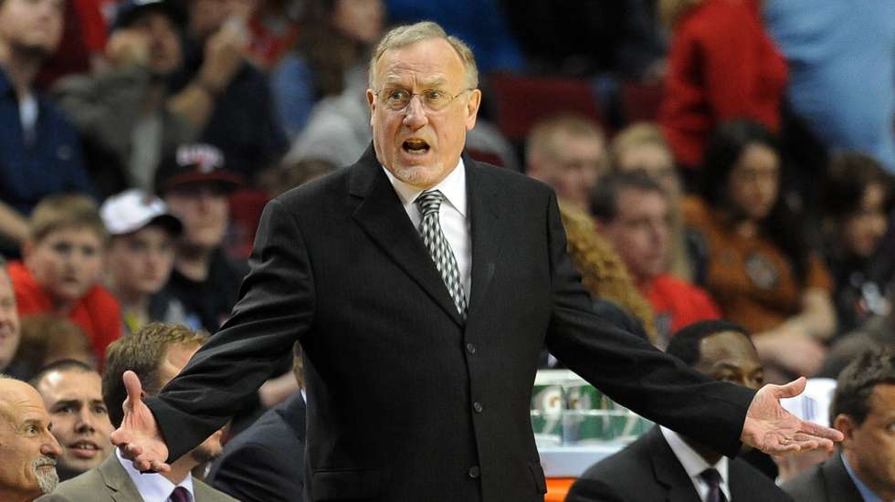 epa03607642 Minnesota Timberwolves head coach Rick Adelman yells at an official in the third quarter of their NBA game against the Portland Trail Blazers at the Rose Garden in Portland, Oregon, USA, 02 March 2013.  EPA/STEVE DYKES CORBIS OUT