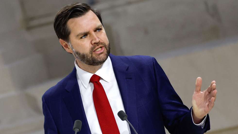 epa11888236 US Vice President JD Vance delivers a speech during a plenary session of the Artificial Intelligence (AI) Action Summit at the Grand Palais in Paris, France, 11 February 2025. The summit takes place from 10 to 11 February.  EPA/MOHAMMED BADRA
