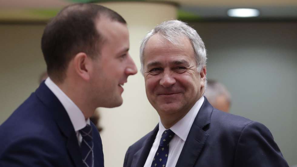 epa08075064 EU Environment, Oceans and Fisheries Commissioner Virginijus Sinkevicius and Greek Minister for Agricultural Development and Food Makis Voridis (R) during a European Fisheries council in Brussels, Belgium, 16 December 2019. During today council Ministers are due to agree on the 2020 fishing opportunities for the Atlantic and North Sea. The Council is responsible for fixing total allowable catches (TACs) and allocating fishing opportunities.  EPA/OLIVIER HOSLET