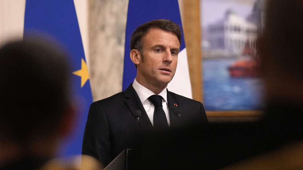epa10938407 French President Emmanuel Macron speaks during a joint press conference with Egyptian President Abdel Fattah el-Sisi (not pictured) after their talks in Cairo, Egypt, 25 October 2023. Macron on 25 October was on a trip to Jordan and Egypt, where he was expected to discuss the prospect of creating a 'coalition' to fight against Hamas, one day after he first made the proposal in Israel.  EPA/CHRISTOPHE ENA / POOL MAXPPP OUT