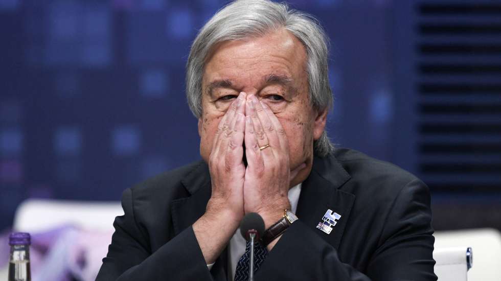 epa10954707 United Nations (UN) Secretary-General Antonio Guterres reacts ahead of a plenary session on day two of the AI Safety Summit 2023 at Bletchley Park, Milton Keynes, Britain, 02 November 2023. The summit, organised by the UK Government, considers the risks of AI and how they can be mitigated through internationally coordinated action, and is running from 01 to 02 November 2023.  EPA/CHRIS J. RATCLIFFE / POOL