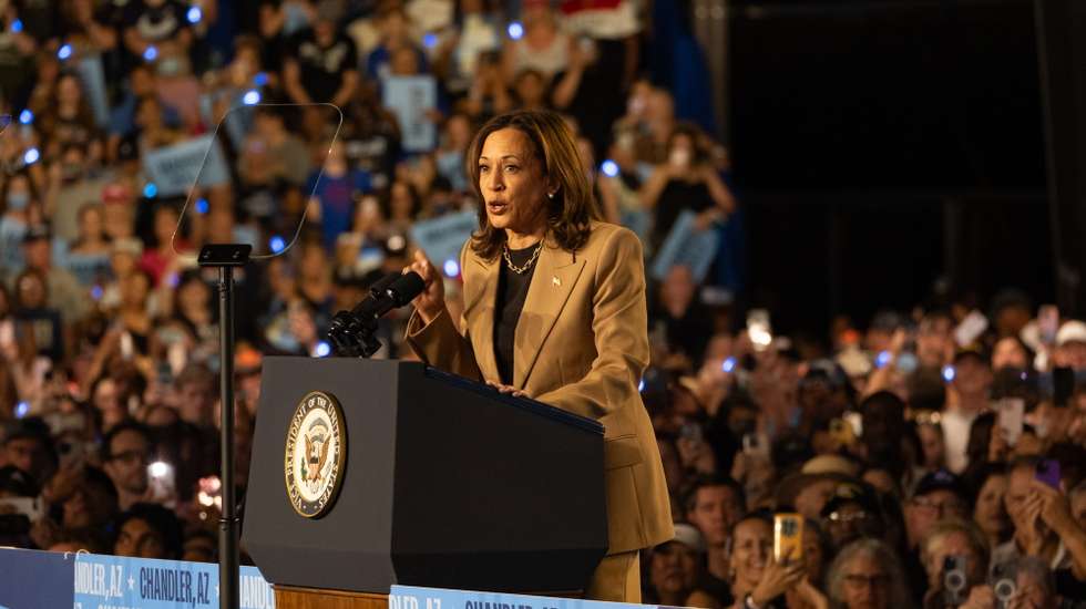 epa11653815 Democratic presidential candidate US Vice President Kamala Harris speaks during a campaign rally at Rawhide Event Center in Chandler, Arizona, USA, 10 October 2024.  EPA/MOLLY PETERS