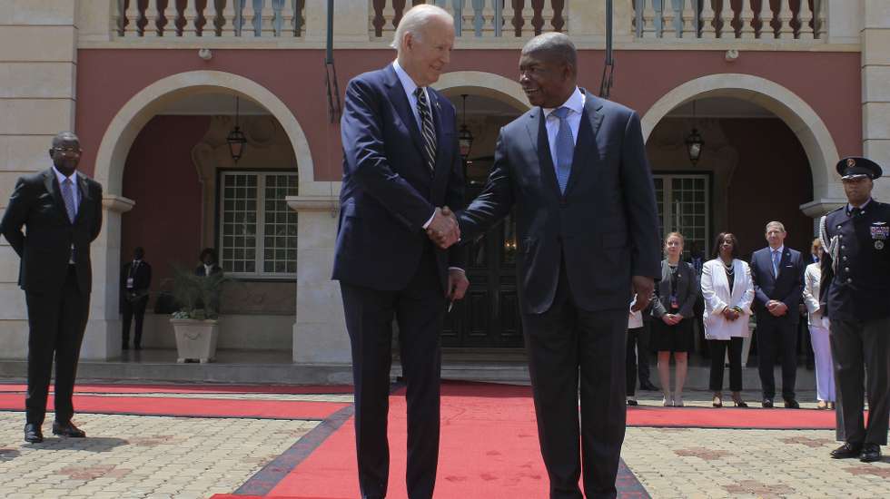 US President Joe Biden (L) with Angolan President Joao Lourenco (R) on arrival at presidential palace in Luanda, Angola, 3 December 2024. Biden is on a three-day visit to Angola for a visit that includes a speech at the Slavery Museum and an international summit on the Lobito Corridor. AMPE ROGERIO/LUSA