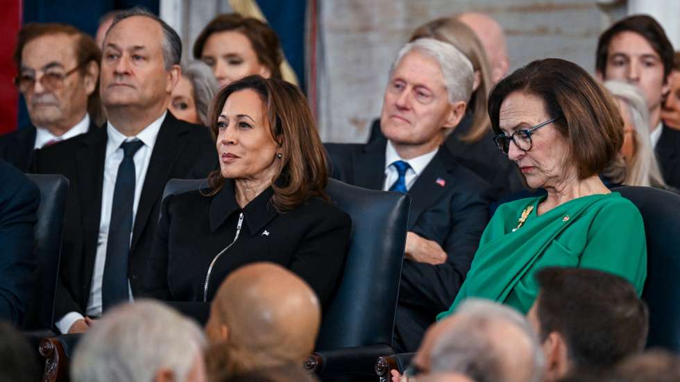epa11840042 US Vice President Kamala Harris and Senator Deb Fischer listen during the inauguration of Donald Trump as the 47th president of the United States takes place inside the Capitol Rotunda of the U.S. Capitol building in Washington, D.C., USA, 20 January 2025. It is the 60th U.S. presidential inauguration and the second non-consecutive inauguration of Trump as U.S. president.  EPA/KENNY HOLSTON / POOL