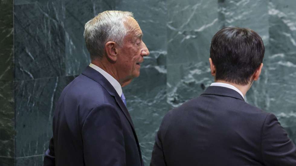 epa12400401 President of Portugal Marcelo Rebelo de Sousa (L) approaches the podium to speak during the General Debate of the 80th session of the United Nations General Assembly (UNGA) at the United Nations headquarters in New York, New York, USA, 23 September 2025.  EPA/SARAH YENESEL