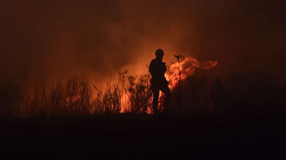 Um bombeiro combate um incêndio na freguesia de Vila Cortês do Mondego, Guarda, 13 de agosto de 2022. De acordo com a página da Autoridade Nacional de Emergência e Proteção Civil, o incêndio está a ser combativo por 1262 operacionais, apoiados por 375 viaturas. NUNO ANDRÉ FERREIRA/LUSA