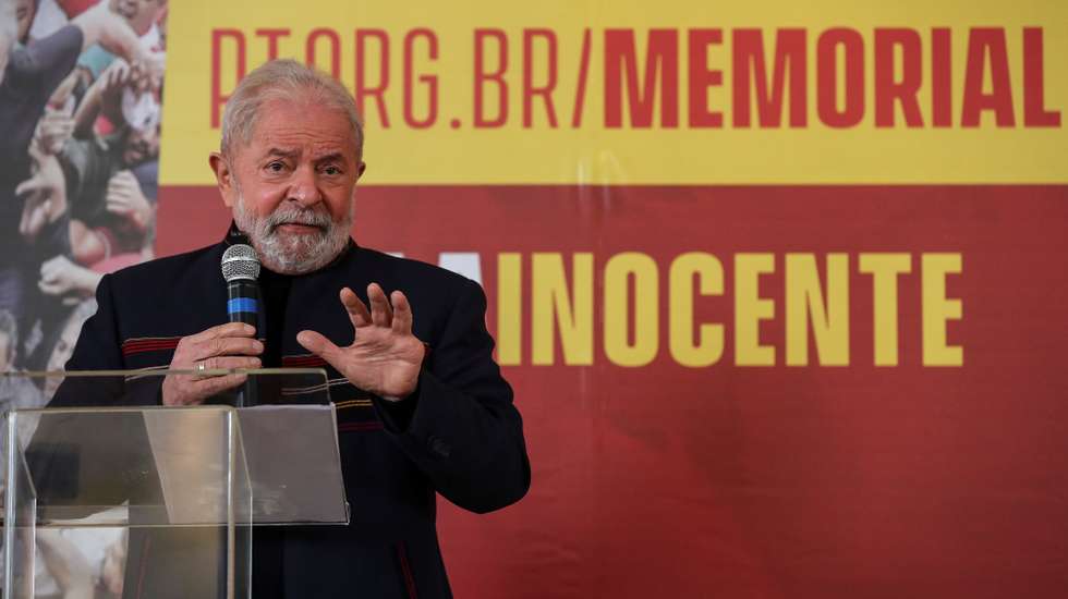 epa09411301 Former Brazilian President Luiz Inacio Lula da Silva speaks during the presentation of a book on his judicial process, in Sao Paulo, Brazil, 12 August 2021. In the book, titled 'Memorial of the Truth' Lula details first-hand the trials he faced during the case known as Operation Lava Jato.  EPA/Sebastiao Moreira