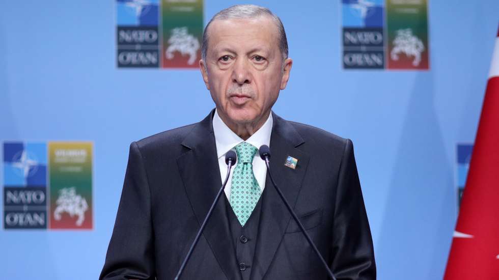 epa10741809 President of Turkey Recep Tayyip Erdogan attends a press conference during the NATO ​summit in Vilnius, Lithuania, 12 July 2023. The North Atlantic Treaty Organization (NATO) Summit takes place in Vilnius on 11 and 12 July 2023 with the alliance's leaders expected to adopt new defense plans.  EPA/TIM IRELAND